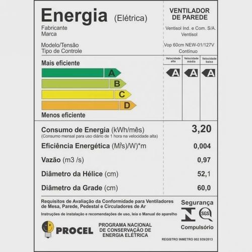 Ventisol Ventilador de Parede Oscilante 3 Pás Premium Preto 60cm Bivolt